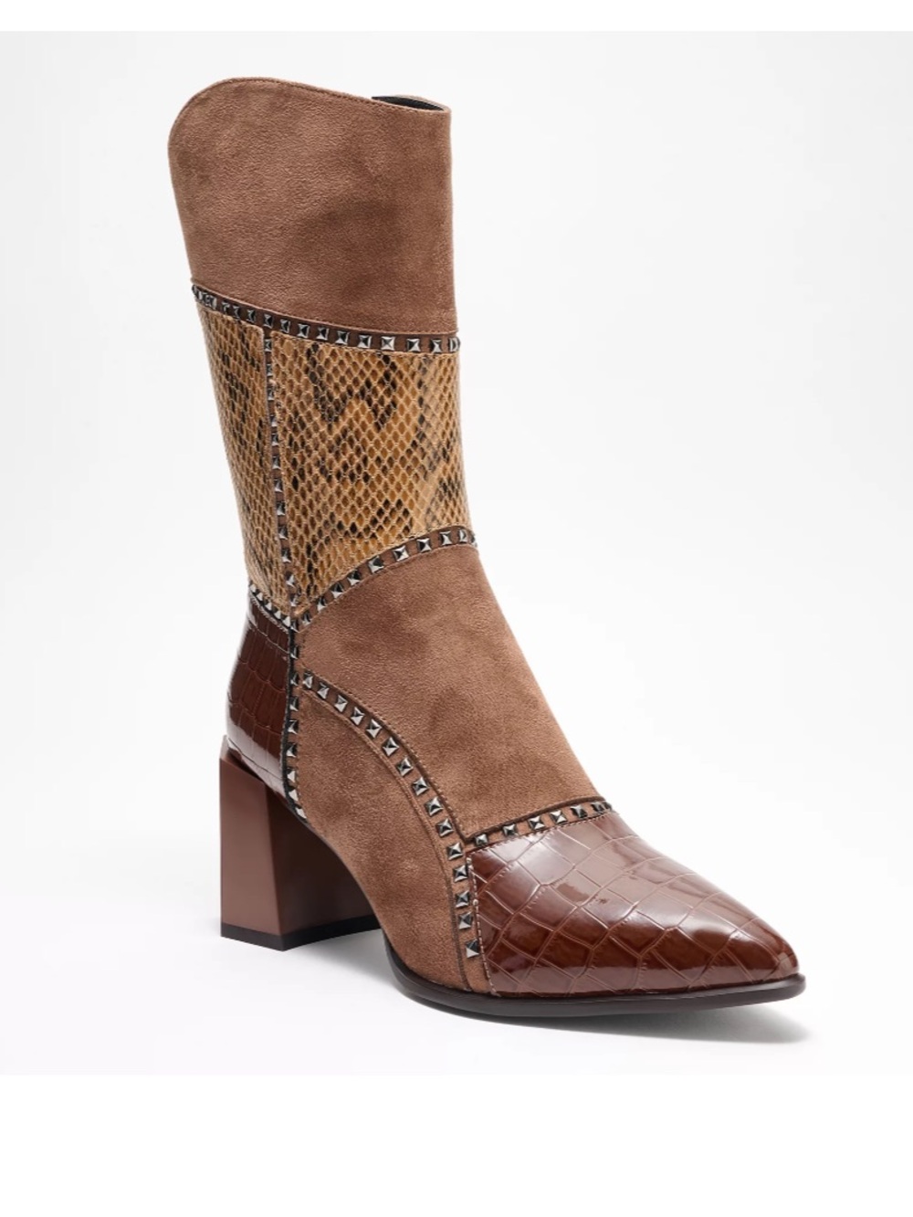 Women's Brown Mixed-Material Mid Heel Boots with Croc and Snake Panels